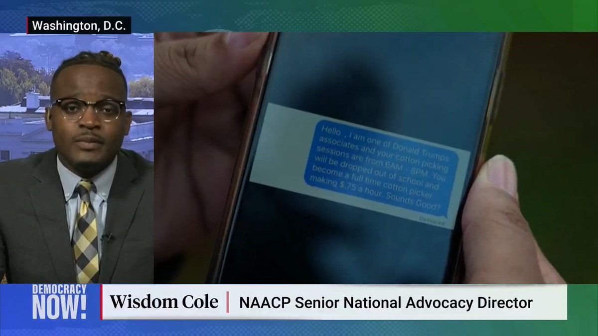 We speak to the NAACP's Wisdom Cole (Wisdom Cole) and Professor Robert Greene II (Dr. Robert Greene II) of Claflin University about mass racist anonymous text messages sent to Black Americans across the country in the wake of Donald Trump's election victory.