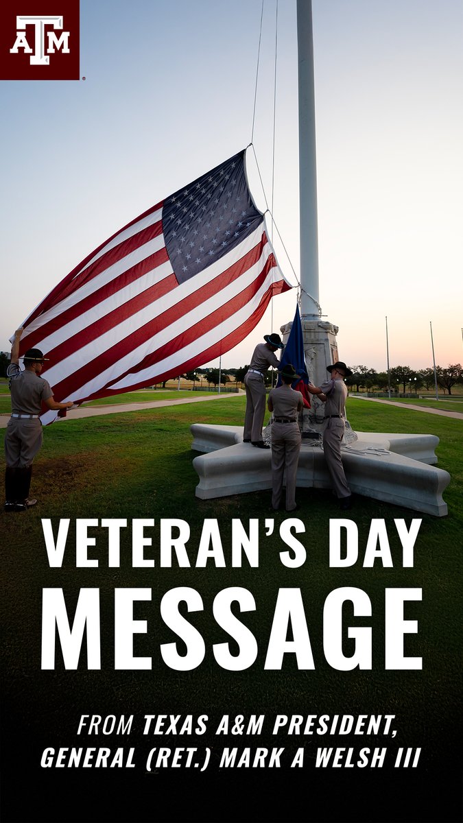 Join us today, along with our president, General (Ret.) Mark A. Welsh III, in honoring the millions of American veterans, including the countless Aggies who have answered the call to courageously serve our nation. #Veterans #VeteransDay