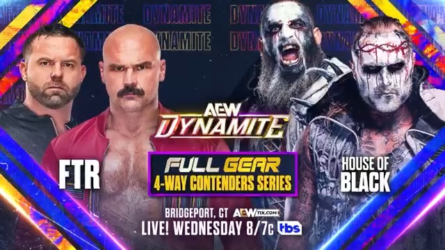 #AEWDynamite THIS WEDNESDAY! Total Mortgage Arena | Bridgeport, CT LIVE 8pm ET/7pm CT | TBS Network FTR vs House of Black #AEWFullGear 4-Way Contenders Series continues w/ Dax FTR & Daniel “Cash” Wheeler vs @MalakaiBlxck & @BrodyXKing for a spot in the PPV's #AEW World Tag Title Match!