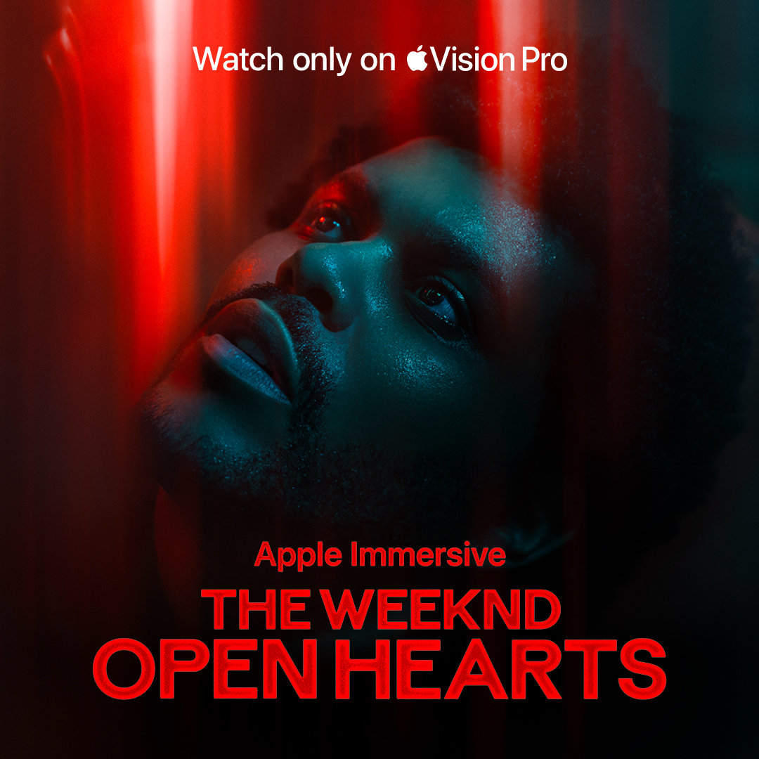 Coming this Thursday. ‘Open Hearts,’ the new immersive music experience from Abel Tesfaye. See it first exclusively on Apple Vision Pro. Watch in Apple Stores where Apple Vision Pro is available, beginning November 15th.