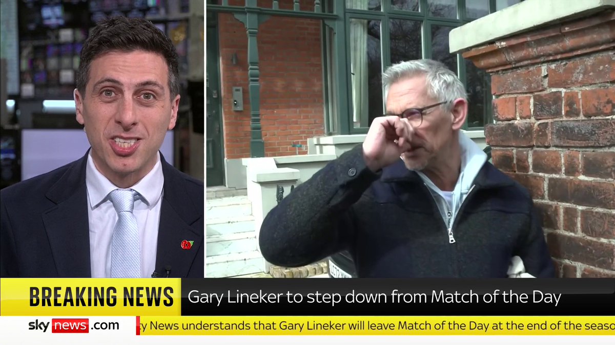 BREAKING: Gary Lineker is leaving Match of the Day at the end of the season, Sky News understands. 📺 Sky 501, Virgin 602, Freeview 233 and YouTube