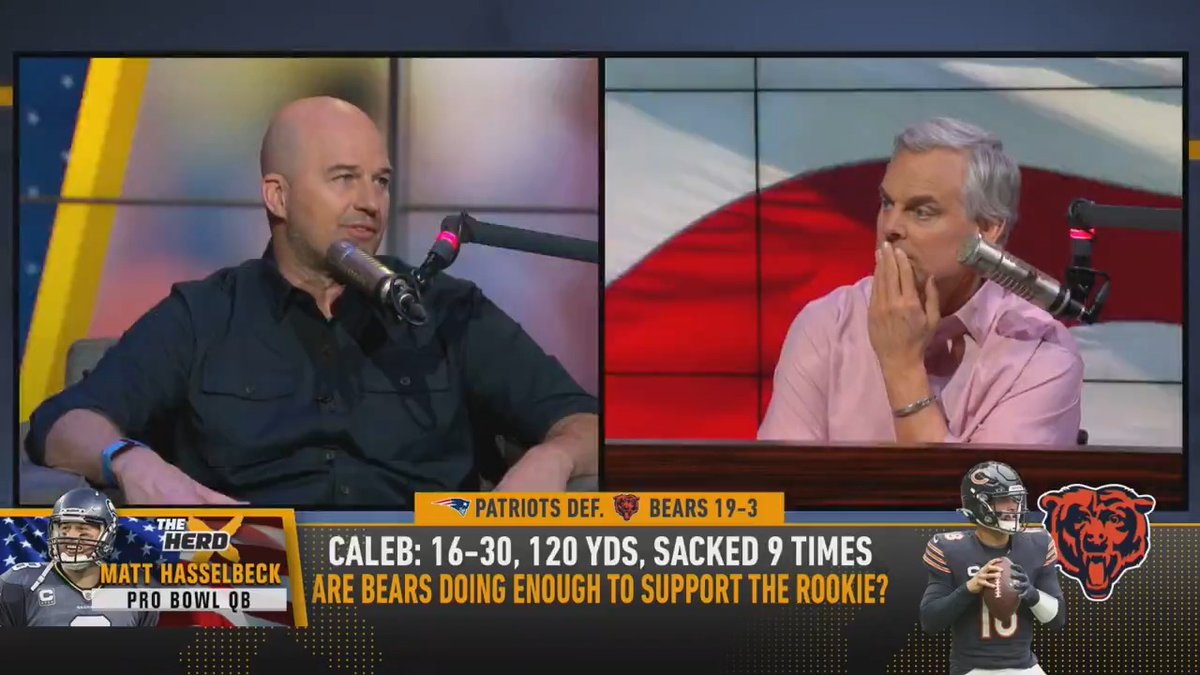 "I would say 90% of it is on the QB... I'm putting at least 6 of those on the quarterback." — Matt Hasselbeck on Caleb Williams sacked 9 times in loss to Patriots