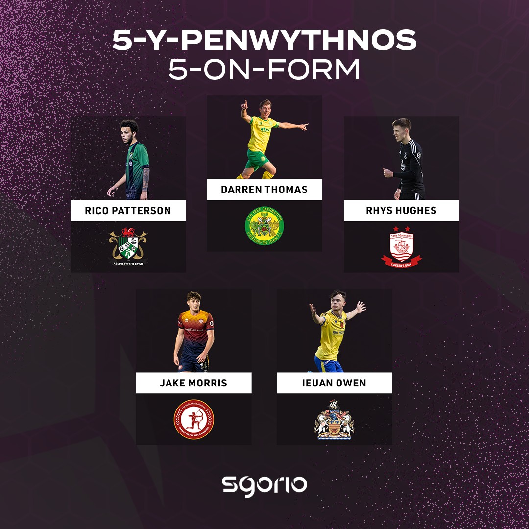 5-y-penwythnos | 5-on-form 🔥 Darren Thomas - CPD Tref Caernarfon Town FC Rico Patterson - CPD Tref Aberystwyth Town FC Rhys Hughes - Connah's Quay Nomads Jake Morris - Cardiff Met Football Club Ieuan Owen - Barry Town United 🏆 #JDCymruPremier | JD Cymru Leagues 🏴