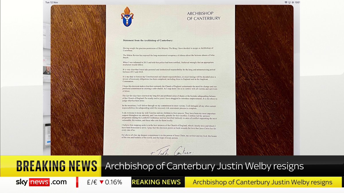 BREAKING: Archbishop of Canterbury Justin Welby has resigned over the John Smyth sex abuse scandal. JayneSeckerSky reads out his statement. Read more: 📺 Sky 501, Virgin 602, Freeview 233 and YouTube