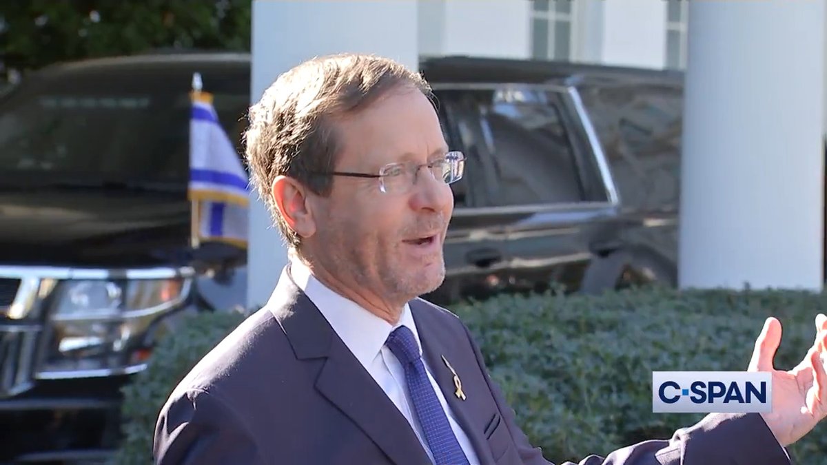 While Israel President Isaac Herzog speaks to the media following a meeting with President Biden, cheers for Vice President Kamala Harris can be heard as returns to the White House for the first time since the election.