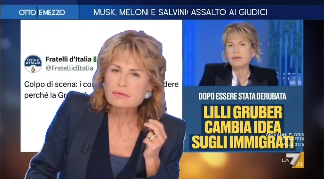 Gruber apre rispondendo a FDI e Salvini sul suo furto: "Come fate a essere così sicuri che sia stato un immigrato? Non ho mai parlato di porte aperte a tutti. Salvini può vederlo in altre puntate di #ottoemezzo. C'è da preoccuparsi se governano come manipolano l'informazione"