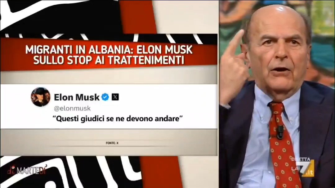 Bersani: "Caro Elon Musk, come ti permetti? L'Italia è l'unico dei Paesi sconfitti che si è dato da solo una costituzione che indica nella magistratura un potere dello Stato. Non permetterti, non mandiamo i giudici a casa. Nessuno dice qualcosa a sto tizio qua?" #dimartedi