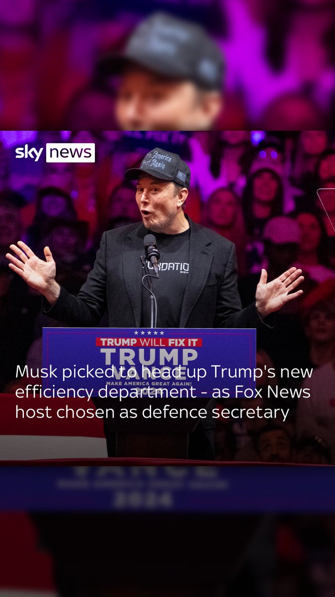 Donald Trump has confirmed Elon Musk will co-lead the new department of government efficiency as he named Fox News host and National Guard veteran Pete Hegseth as defence secretary. Mark Stone has all the details ⬇️