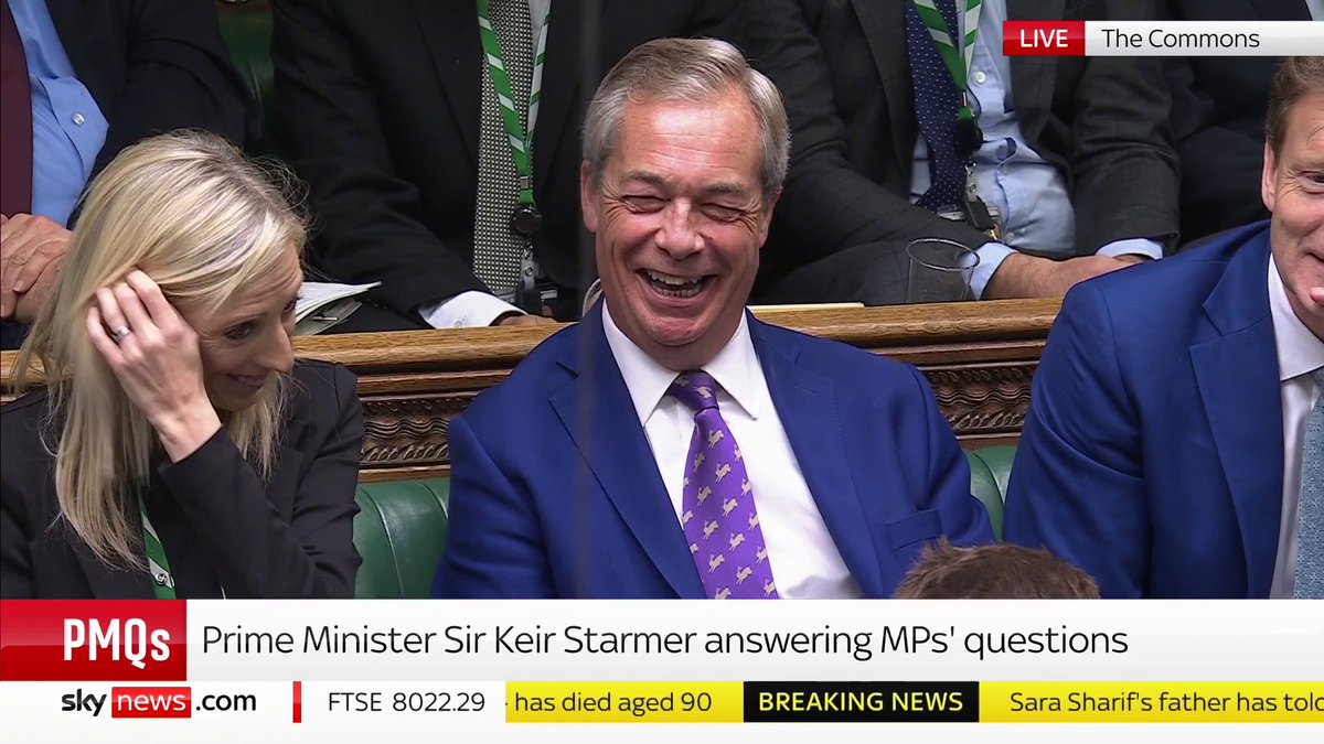 'I'm glad to see the honourable member making a rare appearance back here in Britain, he's spent so much time in America recently I was half expecting to see him on the immigration statistics' The PM responds to a question from Nigel Farage at #PMQs ⬇️