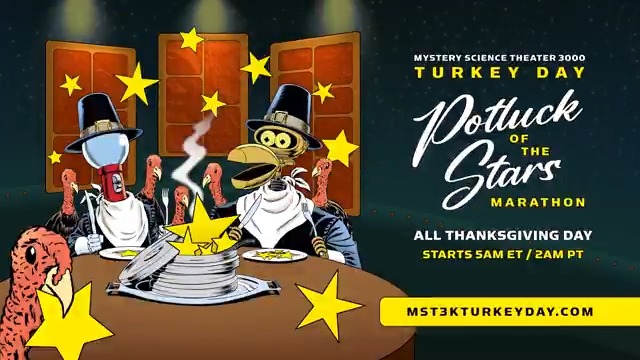 Join the cast and crew of Mystery Science Theater 3000 as they welcome a cavalcade of celebrity fans to this year’s Turkey Day celebration! @joelghodgson Felicia Day🇺🇸 Emily Marsh Mike Flanagan Mark Hamill Kumail Nanjiani and more will share their favorite episodes on November 28.