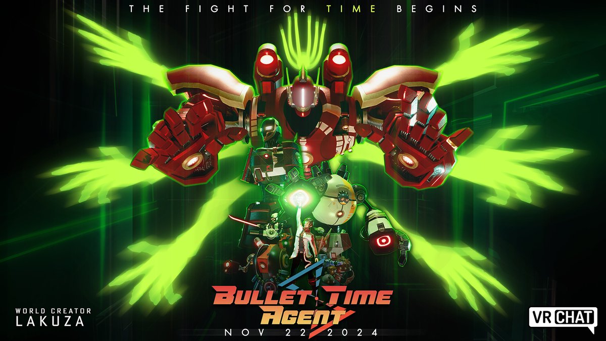 Excited to share the release date trailer for Bullet Time Agent A free-to-play, action-adventure featuring time-control, bullet-hell combat, puzzles, platforming, &amp; exploration, with 8+ hours of content! Out November 22 on @VRchat on PC/VR &amp; stage 1 on Quest/android #VR #BTAVR