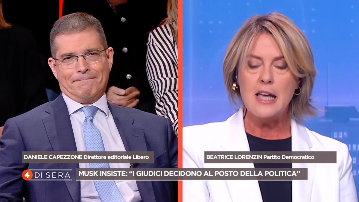 Beatrice Lorenzin: "Elon Musk non ha parlato a titolo personale, ha detto che i giudici italiani vanno cacciati" Cosa ne pensate? #4disera ora in diretta su #Rete4 e in streaming su Mediaset Infinity