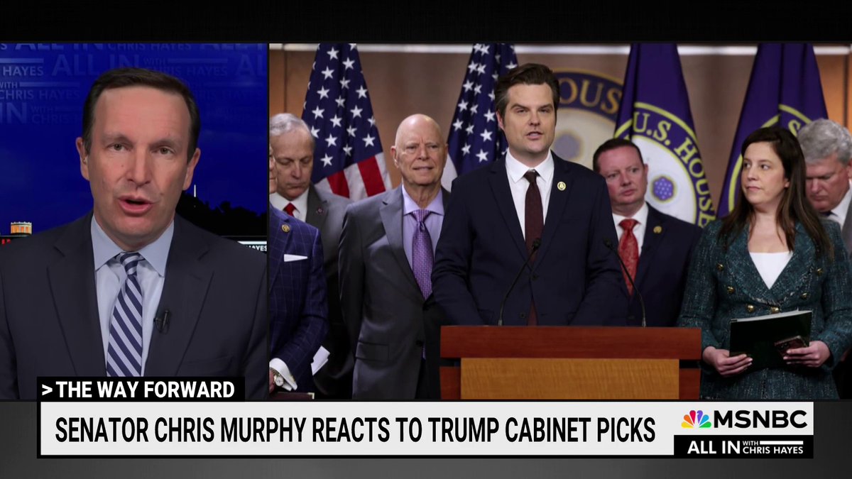 WATCH-- Chris Murphy 🟧: "This is an early effort to force Senate Republicans into utter and complete submission. If they do something as farcical as putting Matt Gaetz in as the Attorney General, then the game is over. There is nothing that they will not do."