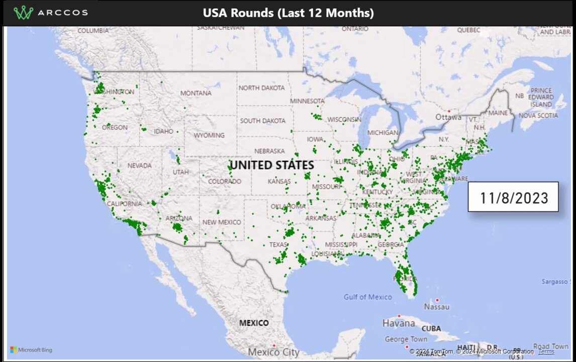 This is fun to watch. These are rounds played by Arccos Golf users in the USA over the last 12 months. Neat to see how things shift and move based on weather/seasons. MANY of these dots represent more than one round of golf. If multiple Arccos users played on the same day at the same course, there is only one dot representing that. I'll put together a world map to see all the international rounds as well! (Use code DATALOU15 to save 15% on Arccos)