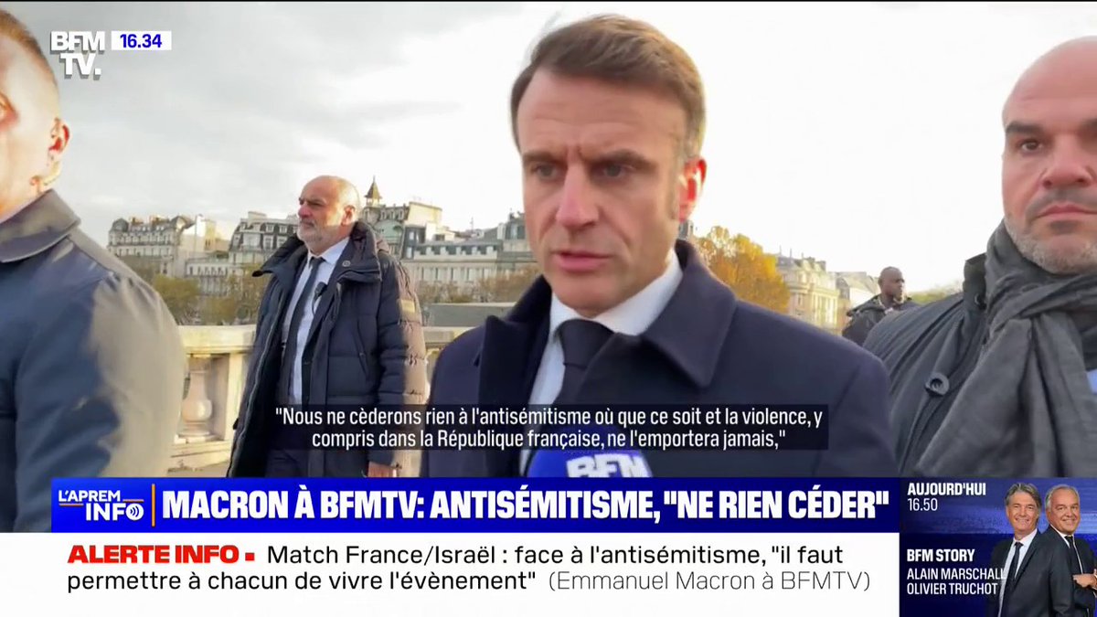 💬 "Nous ne cèderons rien à l'antisémitisme" ➡ Emmanuel Macron s'exprime au micro de BFMTV avant le match France-Israël