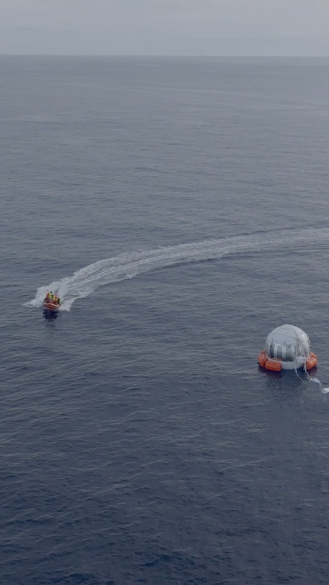 Take a look at our post-flight retrieval process from Development Flight 2, where our fast boats meet the capsule to stabilize it and prep for it to be lifted back onto the deck of MS Voyager by our custom-built, 52-foot A-frame. This process is expected to take around 20 minutes from splashdown to Explorer disembarkation. #spaceperspective #overvieweffect #engineering #safety #design #innovation