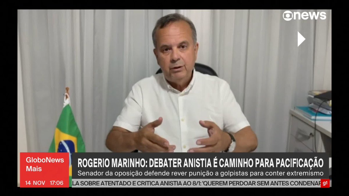 Após explosões na Praça dos Três Poderes na noite de quarta-feira, o senador Rogério Marinho (PL-RN) afirmou que debater anistia é o caminho para a pacificação do país e para conter o avanço do extremismo. ➡ Assista ao #GloboNewsMais na #GloboNews: