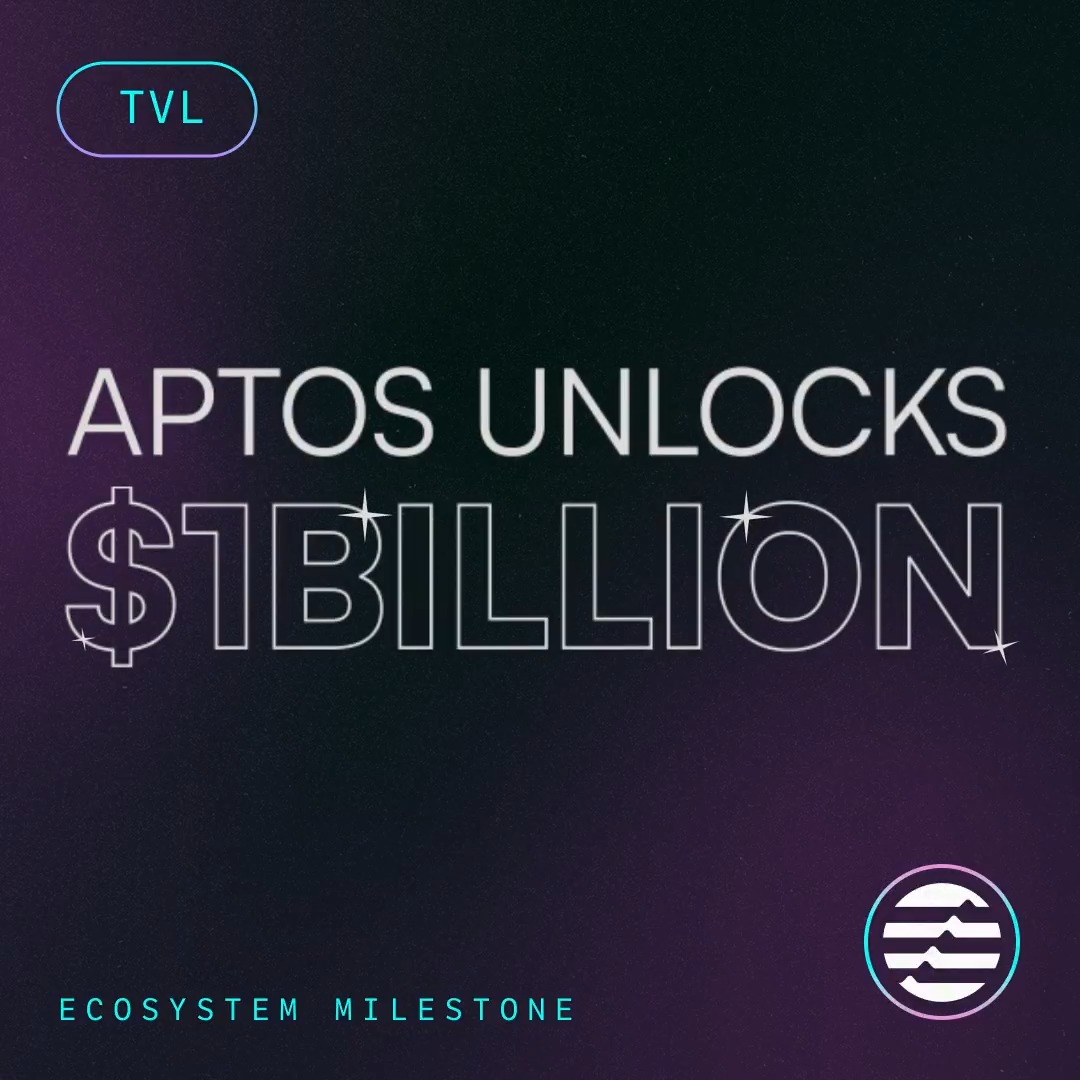 Aptos Unlocks 1 Billion TVL An incredible new milestone has been reached by the Aptos community! The journey continues from here with Aptos positioned better than ever as an undeniable dominating force in DeFi 🦾 Money Moves Better on Aptos 🌐
