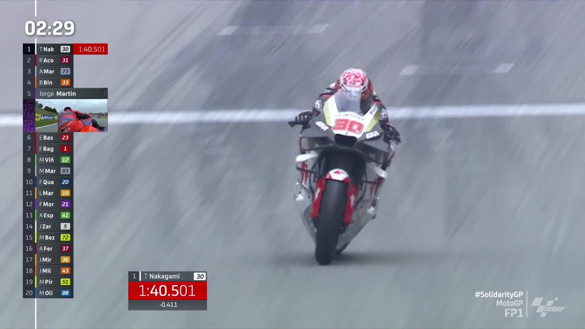 New rubber on and Takaaki Nakagami goes top! 🆙 He must be enjoying this as a start to his last race as a full-time rider in #MotoGP! #SolidarityGP 🏁