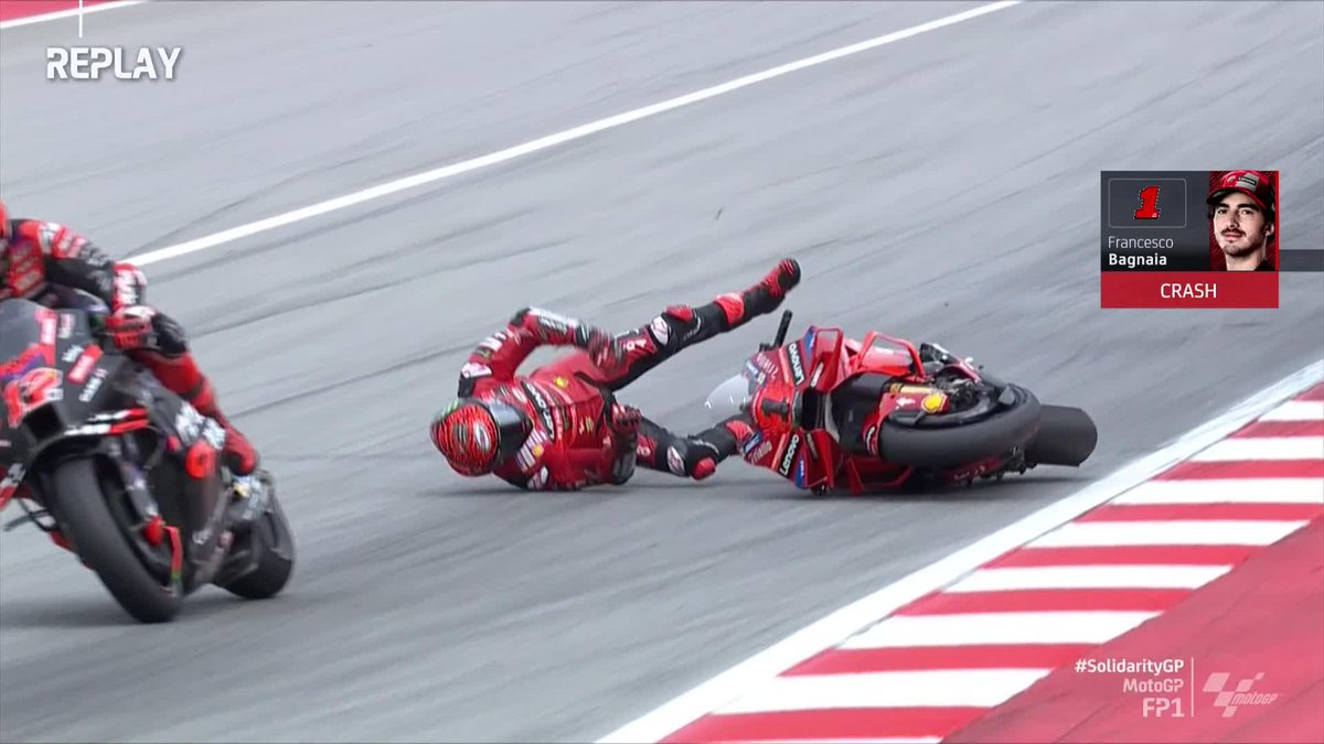 😱 Pecco Bagnaia locked the front as Maverick was passing! That's a crash during the practice start session for the title challenger 💥 #SolidarityGP 🏁