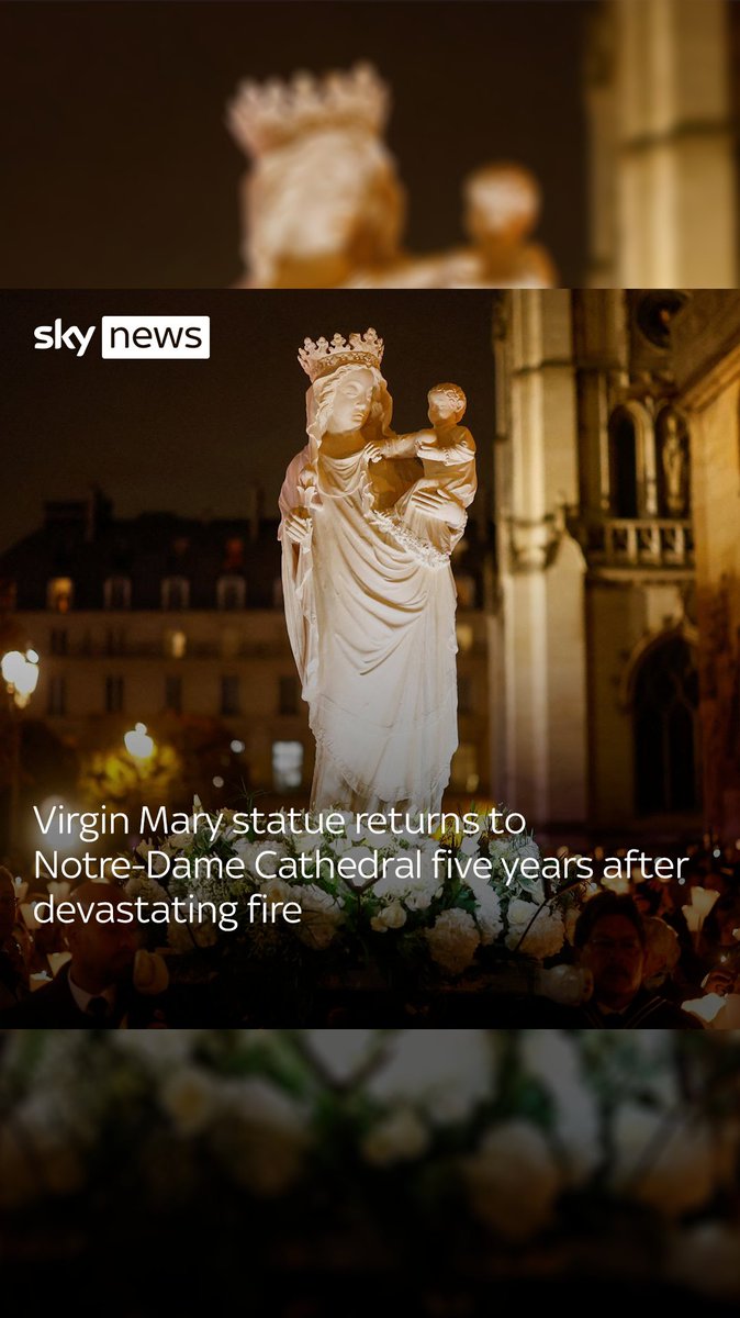 A procession of hundreds of people walked through Paris to return a statue of the Virgin Mary to Notre-Dame Cathedral, five years after a devastating fire.