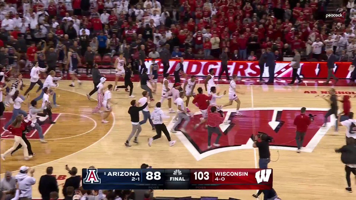 "BIG TEN BEWARE. THE BADGERS ARE LEGIT!" Wisconsin upsets No. 9 Arizona 103-88 and they're STORMING THE COURT! 🦡