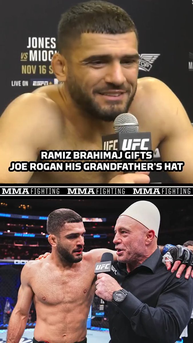 .Ramiz Brahimaj reveals he gifted @JoeRogan his grandfather's Albanian qeleshe at #UFC309: "Tweet out to Joe and tell him to take care of that thing. … He's an honorary Albanian tonight."
