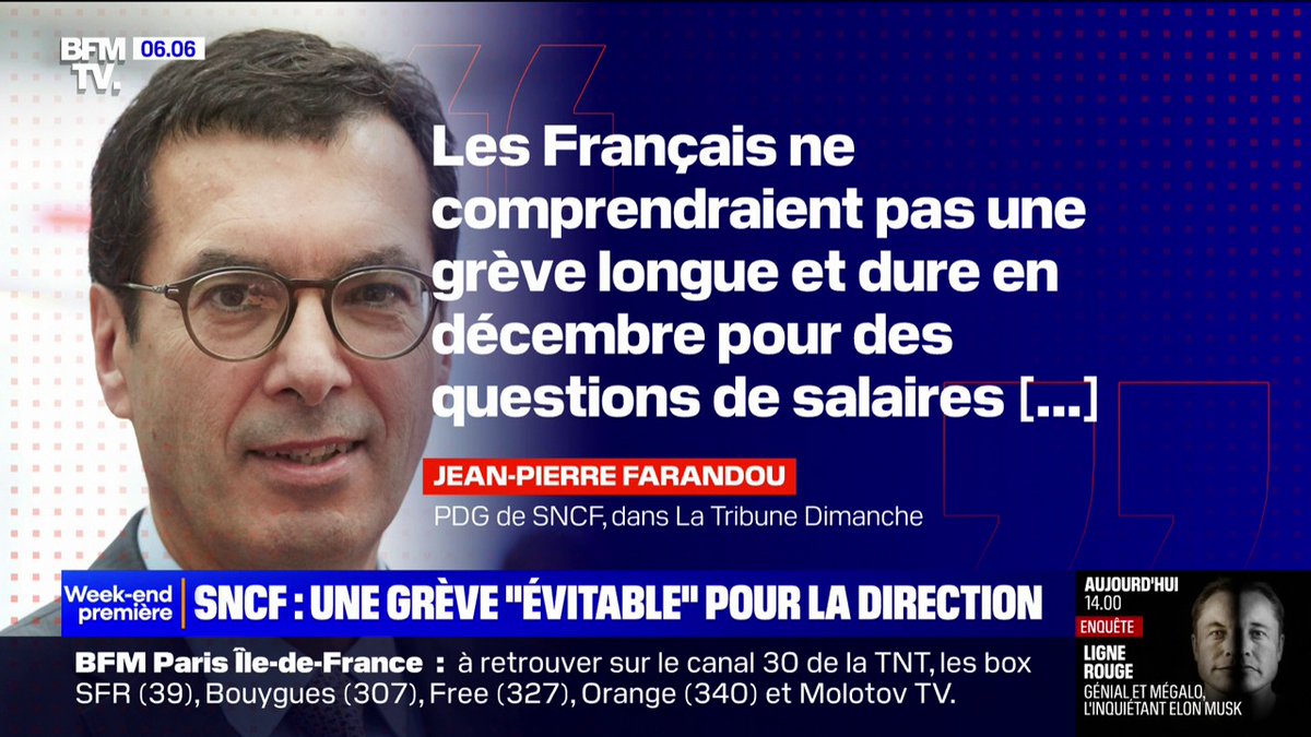 Pour le PDG de la SNCF, Jean-Pierre Farandou, "les Français ne comprendraient pas une grève longue et dure en décembre pour des questions de salaires"