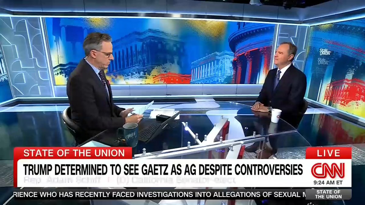 Amid Trump's threats of retribution for his political opponents, California Senator-elect Adam Schiff tells Jake Tapper 🦅, “I'm not going to be intimidated by anything he says, by anything he does.”