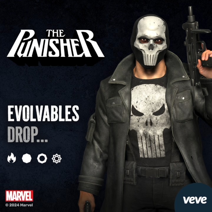 The Punisher 3D digital collectibles arrives on VeVe for the first ever Evolvables drop 💀 Donning his iconic black and white skull emblem as he takes his war on crime to new heights. Debuting in The Amazing Spider-Man #129, Frank Castle’s relentless pursuit of justice and lethal expertise make him one of Marvel’s most formidable anti-heroes. Armed and ready, Marvel Entertainment’s The Punisher Evolvables drop is coming soon to VeVe!