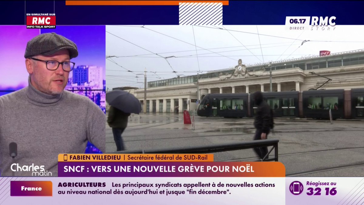 💬 "Il y a eu trois grèves à Noël en 86 ans. Donc, il faut arrêter le cheminot bashing pour éviter de parler du fond du problème." Fabien Villedieu, secrétaire fédéral de SUD-Rail #CharlesMatin