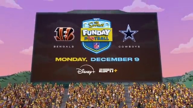 Football in Springfield! 🏈🍩 The Simpsons Funday Football featuring the Cincinnati Bengals and Dallas Cowboys streams live Dec. 9 on Disney+ and ESPN+
