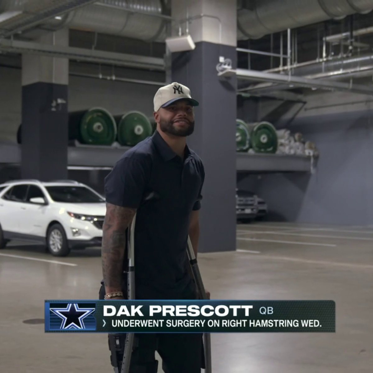 Dak Prescott on crutches after his hamstring surgery 💙