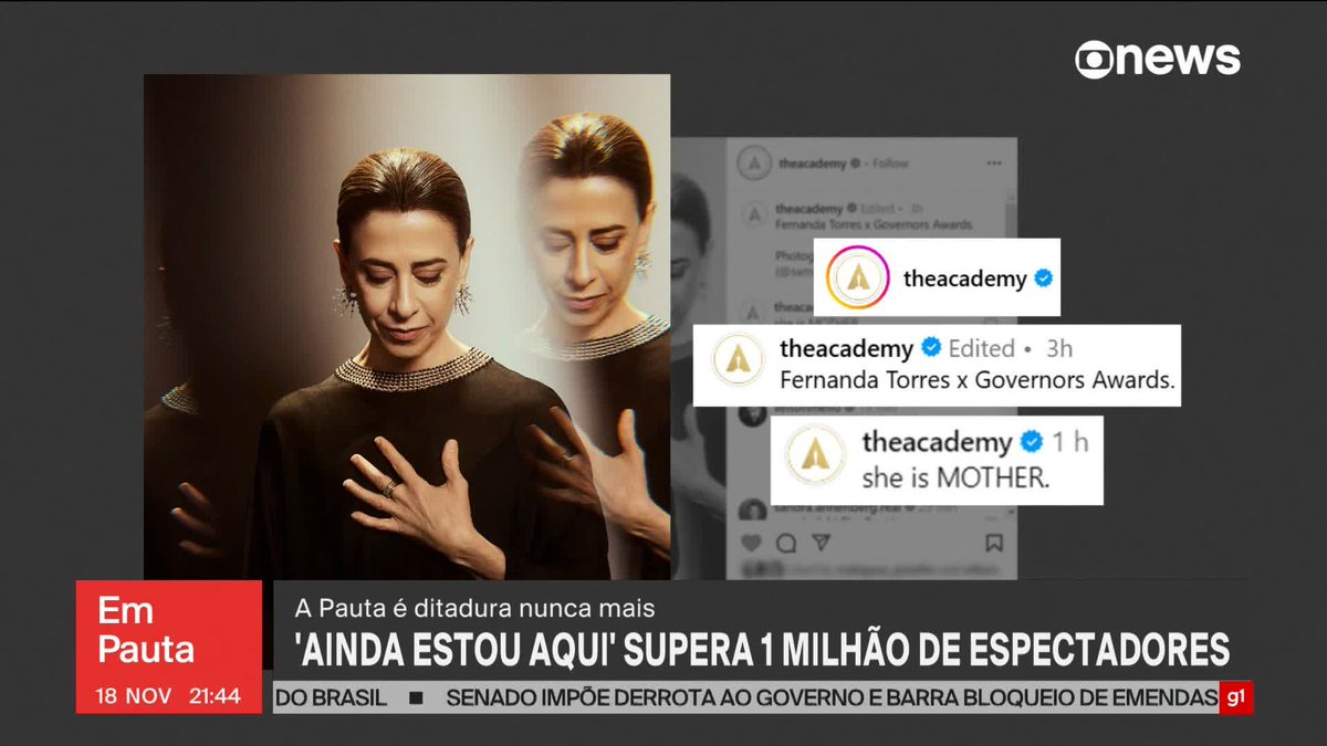 O filme “Ainda estou aqui”, candidato a representante do Brasil no Oscar 2025, já foi visto por mais de 1 milhão de pessoas. E o perfil oficial da premiação, numa rede social, postou uma foto da atriz Fernanda Torres. ➡ Assista ao #EmPauta: #GloboNews