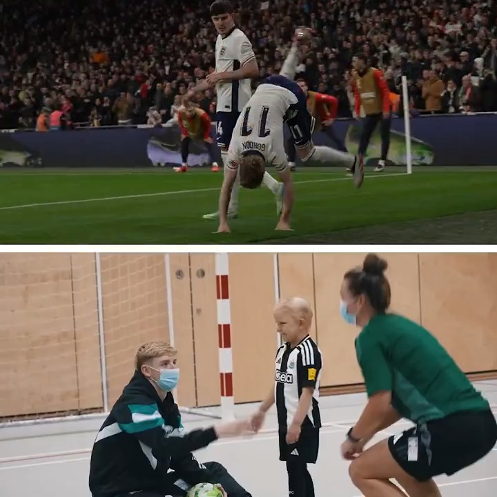 Last month, AG met Newcastle United fan Ivy, who was diagnosed with hyper IGE syndrome. When Anthony scored his first #ThreeLions goal on Sunday, he stayed true to a promise he made to her ❤️🤸♂️
