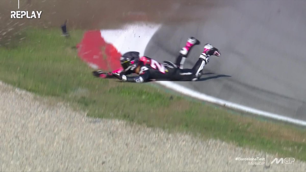 A close look at Enea Bastianini's nasty crash 💥 Glad to see the Italian is OK whilst the bike took the bigger hit 👍😮 #BarcelonaTest