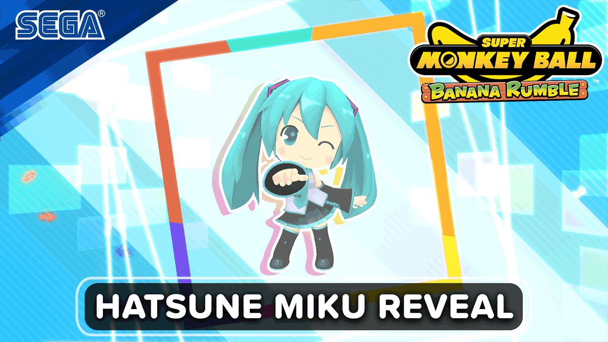 Party as the Virtual Singer Hatsune Miku in Super Monkey Ball Banana Rumble! She's eager to share her love for music with the world in our latest character DLC - Available November 26th along with our free 2.00 Update adding a bunch of new content. 🎵 >