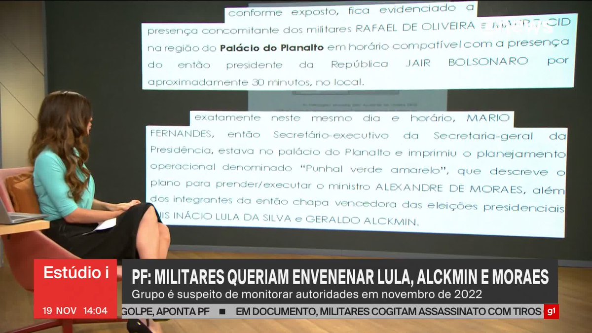 Bolsonaro estava no Palácio do Planalto quando plano para matar Lula, Alckmin e Moraes foi impresso. Investigações da PF apontam que suspeitos usaram estrutura da presidência. ➡ Assista ao #Estúdioi: #GloboNews