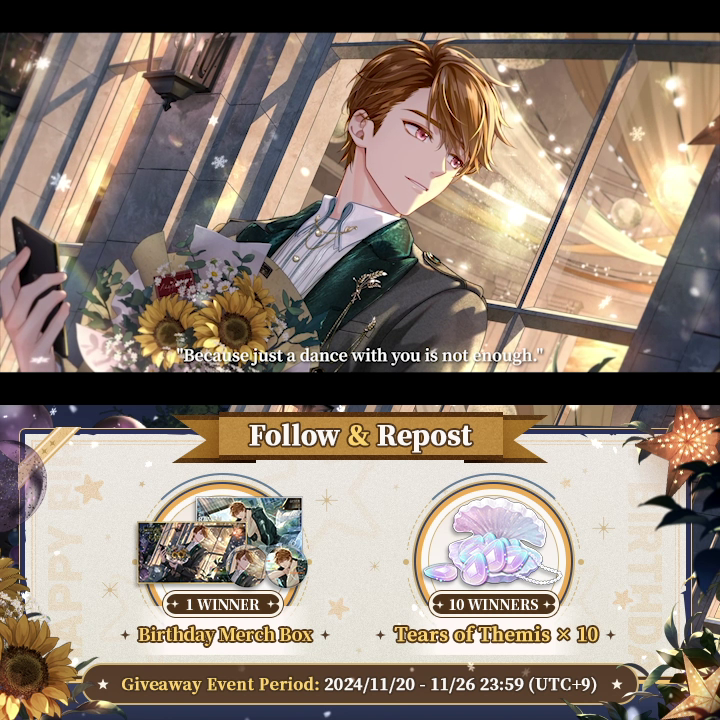#Luke Birthday SSR ✦ Journey Beyond ✦ ✅ Follow &amp; 🔄 Repost 🎁 Luke's B-Day Merch (1 winner) | Tears of Themis ×10 (10 winners) The Like Sunlight Upon Snow" Limited-Time Event is coming soon! ✦ Japanese dubbed version: #TearsOfThemis #HoYoverse