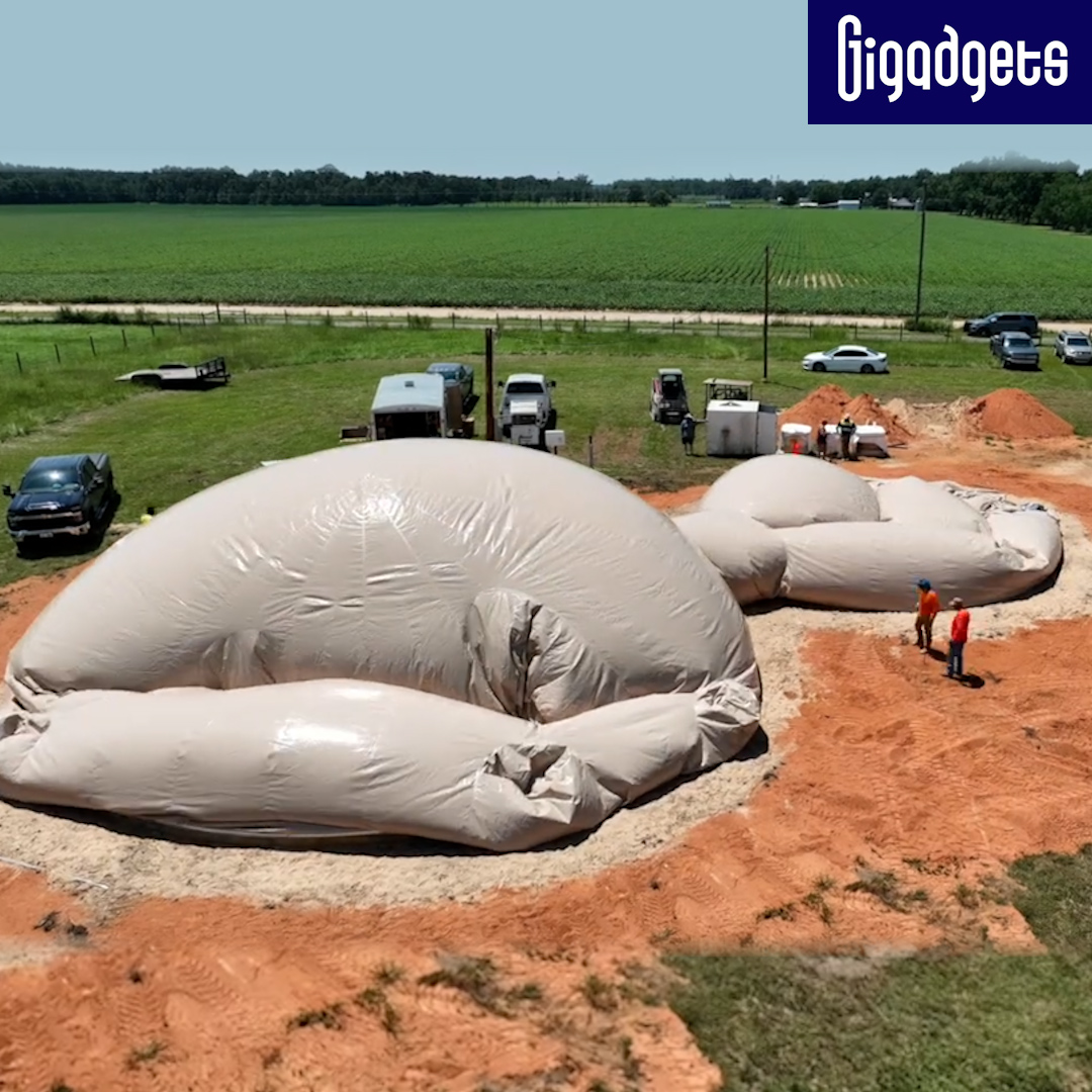 These inflatable domes can quickly become emergency shelters. Airform is a unique building technique for creating durable and energy-efficient dome structures. This inflatable membrane shapes the final structure, allowing builders to achieve dome designs with ease and precision. The domes can be adapted for various building purposes, including residential homes, commercial buildings, agricultural structures, and even emergency shelters. #gigadgets #engineering #shelter #architecture #airforms