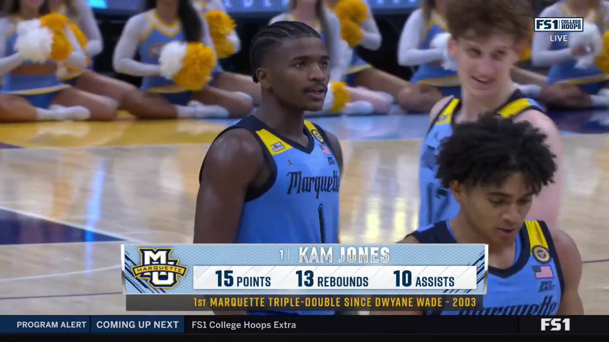 TRIPLE-DOUBLE 🔥 Kam Jones gets the third triple-double in Marquette Basketball history, and the first one since Dwayne Wade in 2003 🙌