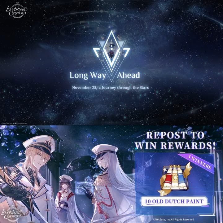✨Event Preview✨ The Long Way Ahead event will be available on November 28! 🎁Long Way Ahead Warm-up🎁 Follow us & retweet with the hashtag #LovebrushChronicles 🎉Prize: Old Dutch Paint x10 (5 winners) #LovebrushChronicles