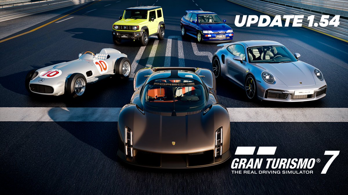 The free Update 1.54 comes with 5 cars: '20 Porsche 911 Turbo S, '92 Ford Escort RS Cosworth, ’55 Mercedes-Benz W 196 R, and ’18 Suzuki Jimny Sierra JC. An Extra Menu, 3 new events and new Scapes location will release starting 10pm PT Nov. 20/6am GMT or 3pm JST Nov. 21. #GT7
