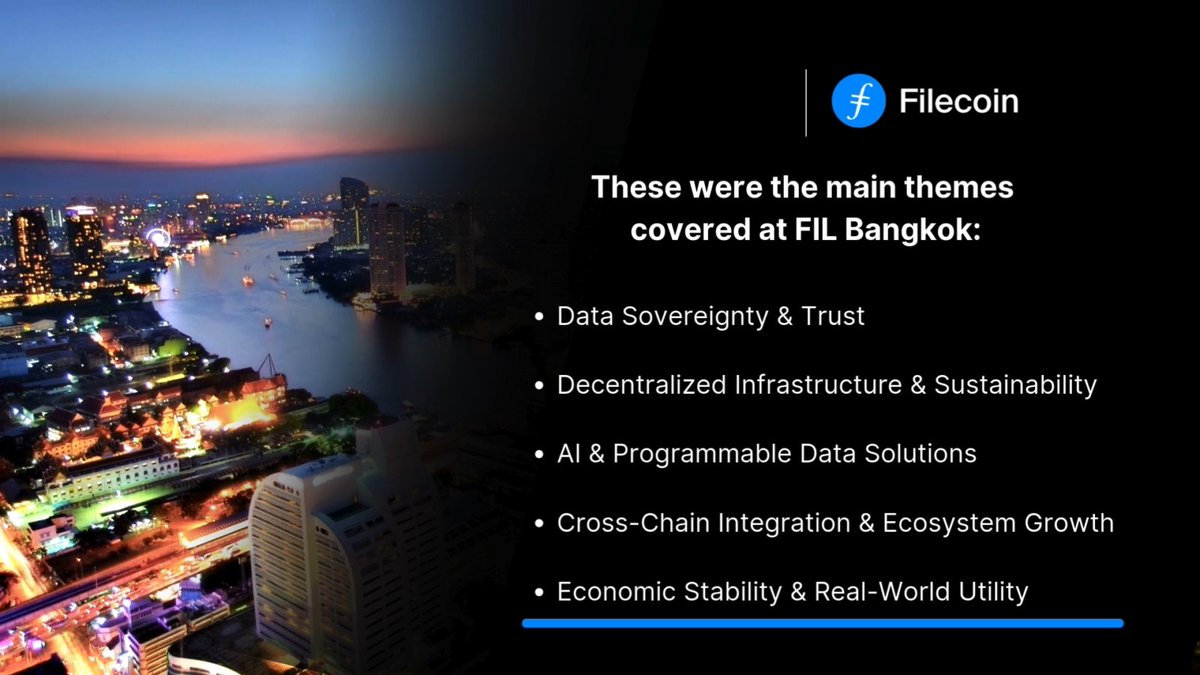 It's time for the FIL Bangkok Recap! Catch up on all the biggest highlights and announcements from the event: 👇 1️⃣ Filecoin’s 2024 Transformation: Thanks to the incredible work by the FilOz team and Molly Mackinlay (Molly Mackinlay | momack), Layer 2 upgrades, FVM advancements, and NV24/25 are pushing speed and interoperability to new heights. 2️⃣ Filecoin Web Services (FWS): Led by FilOz and Molly Mackinlay (Molly Mackinlay | momack), FWS introduces a decentralized toolkit empowering developers to build scalable apps without relying on centralized providers. 3️⃣ Data Ownership: @GhostDrive_Web3 turns devices into secure nodes for private, user-controlled storage. 4️⃣ Decentralized Cloud: Titan Network | Install to Earn leverages idle devices to create an efficient, people-powered cloud. 5️⃣ Truth in Pixels: Numbers Protocol capture ensures digital content authenticity, already crucial in elections. 6️⃣ Bridging Ethereum: Glitter Protocol unlocks affordable Filecoin storage for Ethereum apps. 7️⃣ AI Data Lakes: Akave programmable, scalable storage supports intensive AI workloads. 8️⃣ Next-Gen Storage: Storacha delivers fast, secure decentralized storage for modern apps. …and more from Secured Finance. With Filecoin, the answer to "Who controls data?" is you.