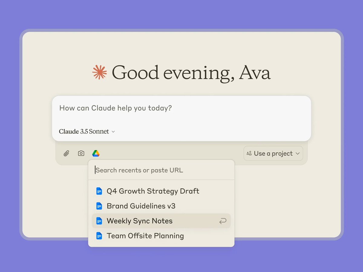 You can now directly add content from Google Docs to chats and projects. Just paste a link or choose from recent documents to get started.