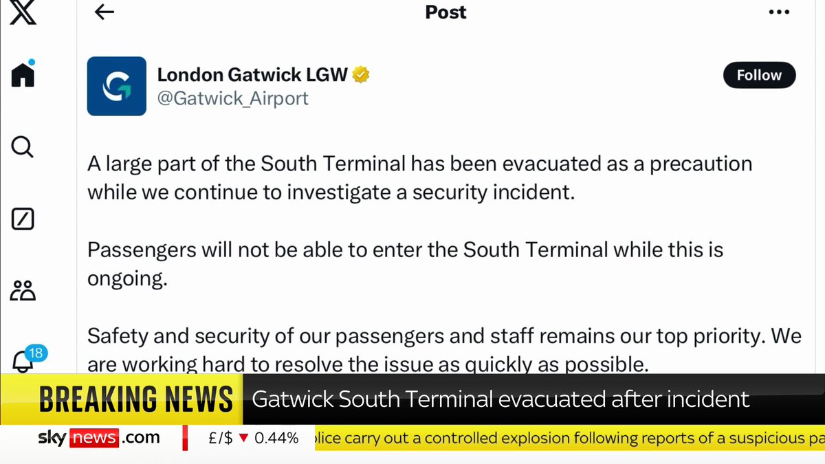 BREAKING: A large part of Gatwick Airport's South Terminal has been evacuated after a "security incident" Read more: 📺 Sky 501, Virgin 602, Freeview 233 and YouTube
