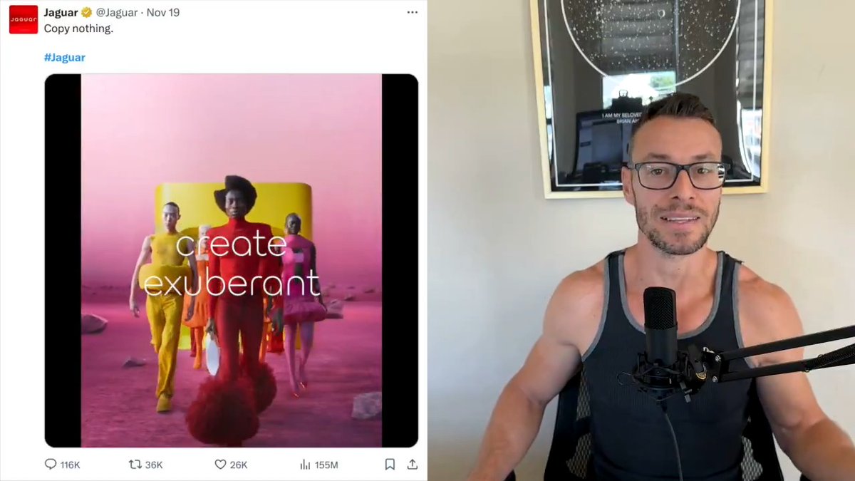 Imagine thinking that your angry little tweet storm about a car ad that dared to think outside the box is going to take down Jaguar, only for them to rake in 155 million views on X. To achieve 155 million views on a video ad, it would typically cost a car company between $7.75 million (at $0.05 per view) and $15.5 million (at $0.10 per view). Jaguar essentially got that level of exposure for free, thanks to the outrage amplifying their ad as woke or whatever people called it because it had artsy people, of various races in it. Not a bad return on investment, right So, congrats, I guess? You played yourselves into making Jaguar trend worldwide. Maybe the next time you try to 'cancel' a luxury car brand, consider this: your outrage is their marketing strategy—and it worked brilliantly.