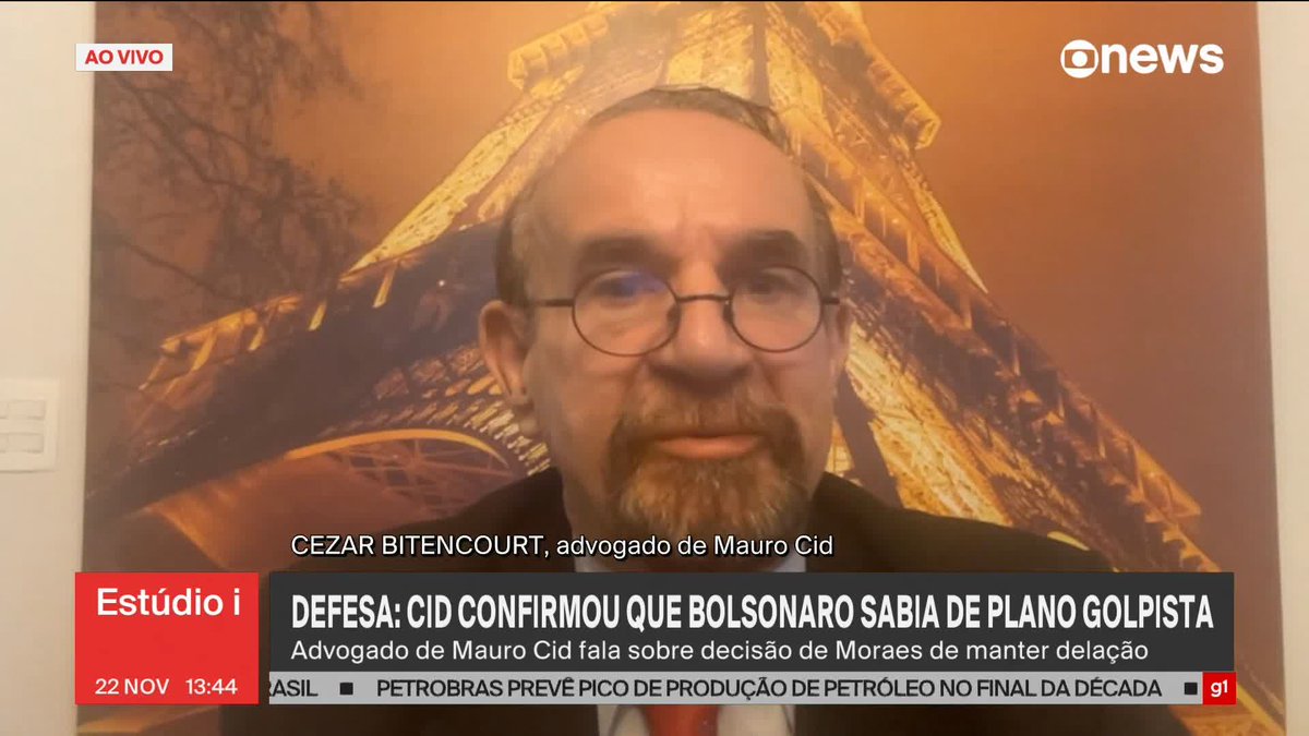 Cezar Bitencourt, advogado de Mauro Cid, diz que cliente confirmou a Alexandre de Moraes que Bolsonaro sabia da tentativa de golpe de Estado e do plano para matar Lula: "Era a pessoa que comandava essa organização". ➡ Assista ao #Estúdioi: #GloboNews