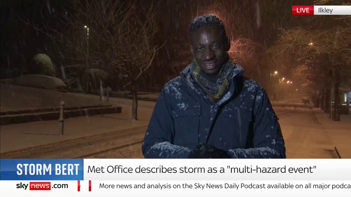Storm Bert, which has been described by the Met Office as a "multi-hazard event", has hit the UK bringing snow, rain and wind and disrupting travel. Sky's Shingi Mararike has the latest live from Ilkley in Yorkshire. 📺 Sky 501