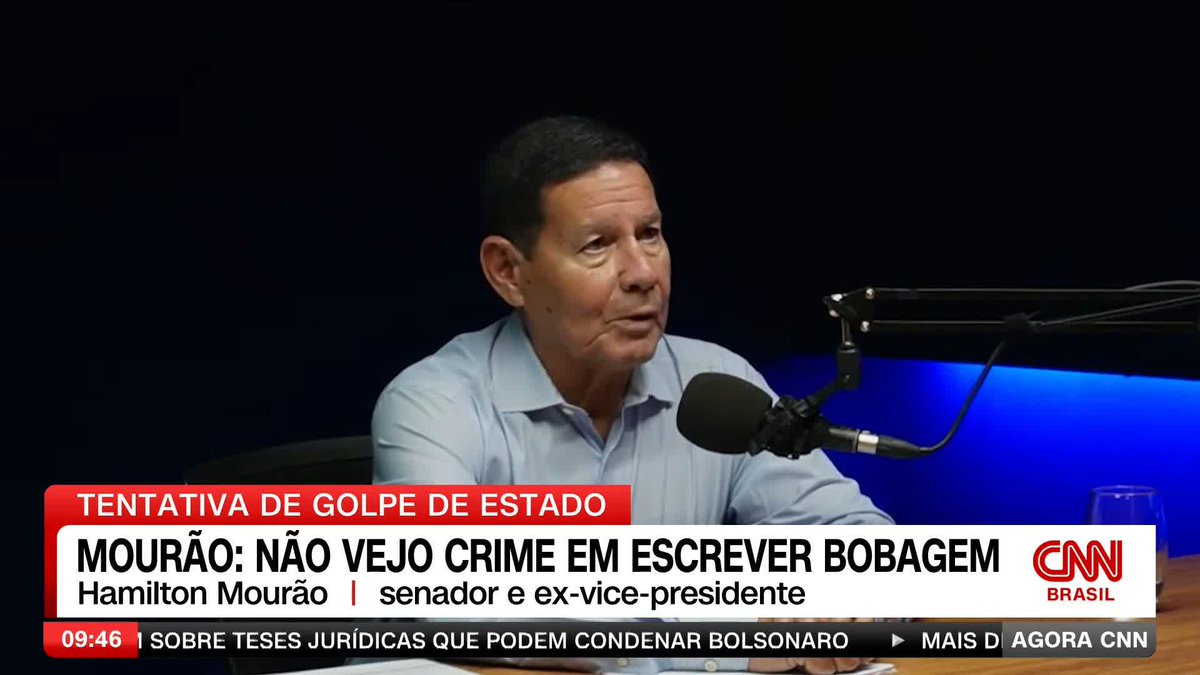 O senador Hamilton Mourão (Republicanos-RS) disse que o plano de golpe de Estado após o resultado da eleição presidencial de 2022 é algo “sem pé nem cabeça” e que não vê crime em “escrever bobagem”. A fala aconteceu nesta sexta-feira (22) no podcast “Bom Dia, Mourão”. #AgoraCNN